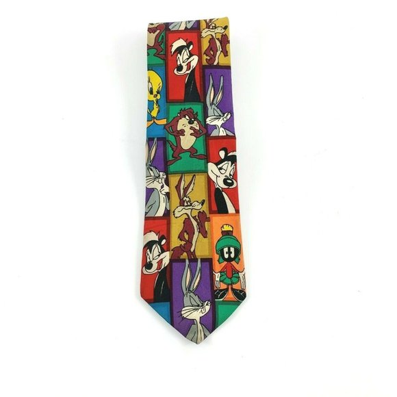 Looney Tunes Mania Men's Novelty Necktie: Rectangles w/ Bugs, Marvin, Taz, Pepe. - Picture 2 of 4